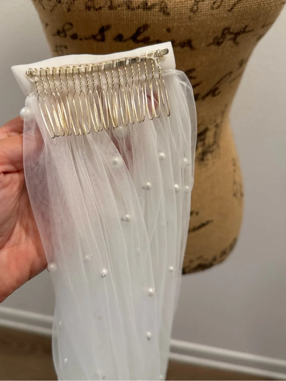 Anthropologie White Pearl-Embellished Sheer Veil